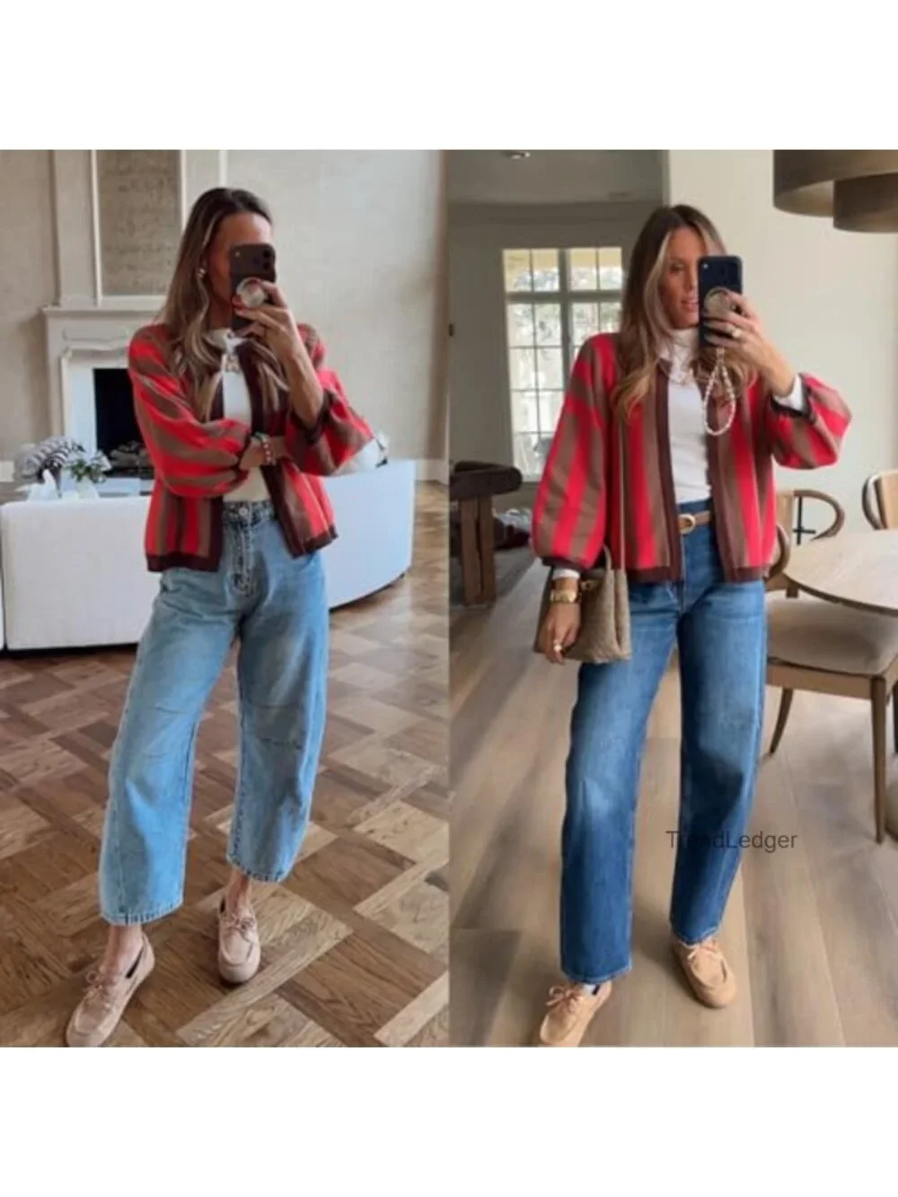 Women's Striped Cardigan Long Balloon Sleeves Loose Fit Open Front Knit Sweater